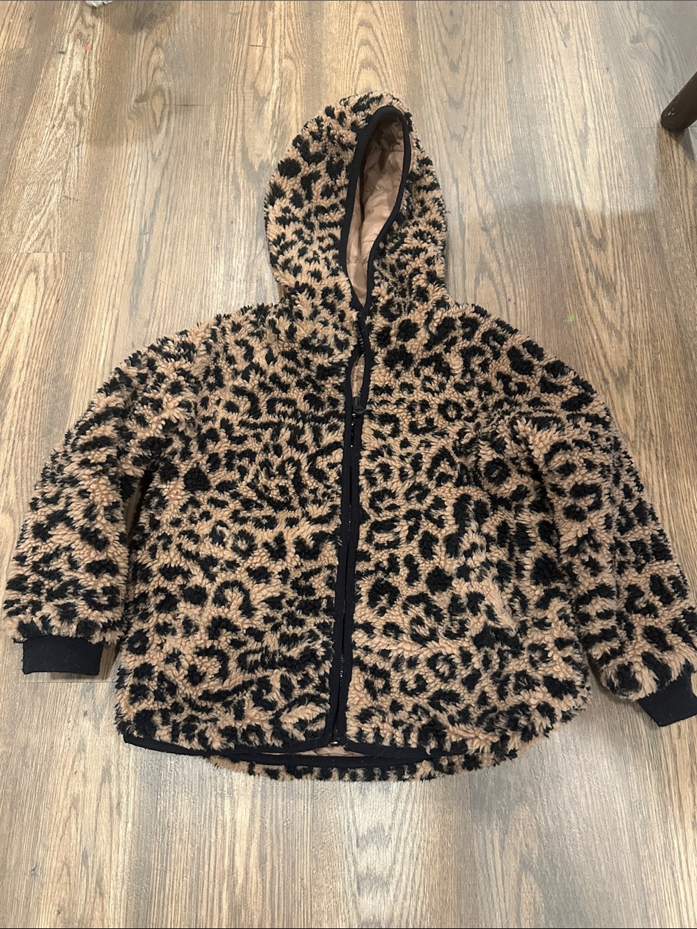 Zara Kids Leopard Faux Fur Hooded Jacket - Black & Tan